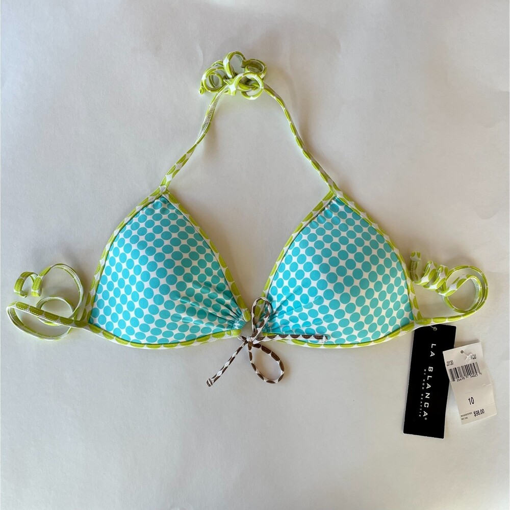 NWT La Blanca Triangle Bikini Top Size 10 Aqua Blue Lime Green Polka Dot Padded